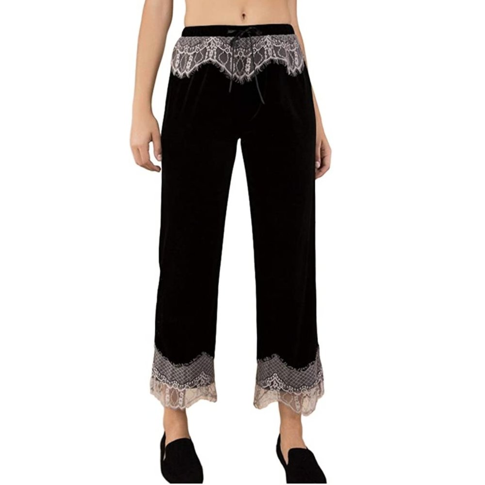 POL Velvet Lace Trim Lounge Pants Drawstring Waist
